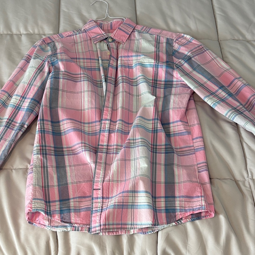 GAP Men's Pink and Blue Plaid Casual Shirt